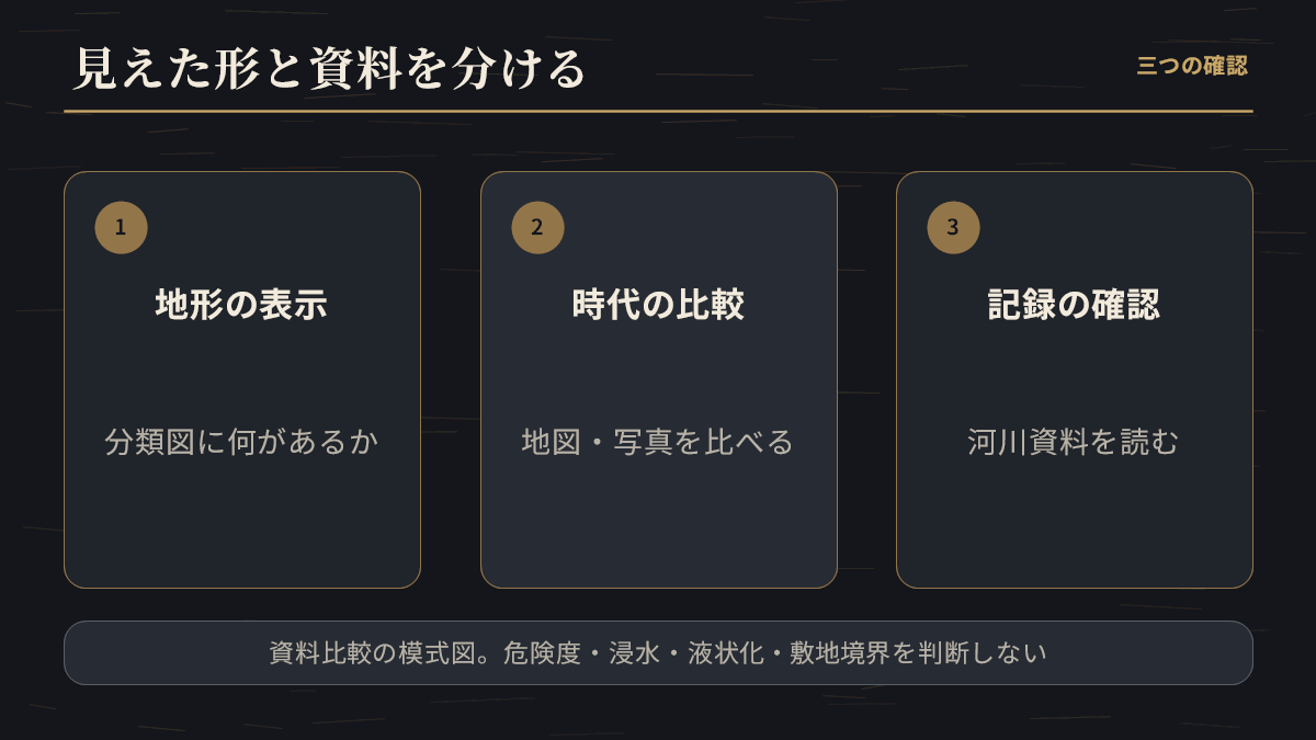 旧河道を資料で読む三つの確認点を示す図解。資料比較の模式図であり、危険度・浸水・液状化・敷地境界を判断するものではない