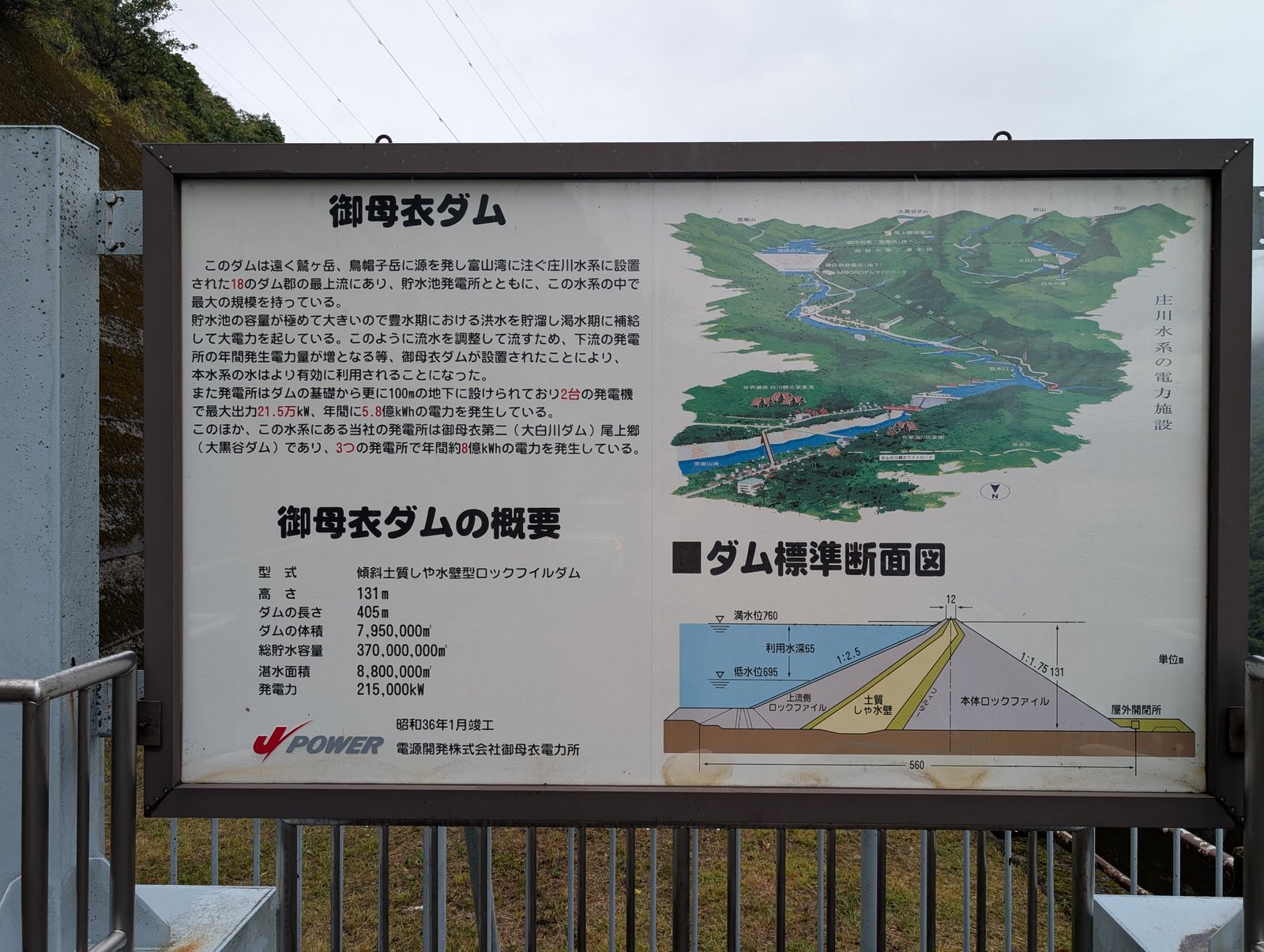 御母衣ダム堤体の展望所に立つJ-POWERの説明板。断面図に満水位760、低水位695、利用水深65（単位メートル）とある（2026-08-27 撮影）