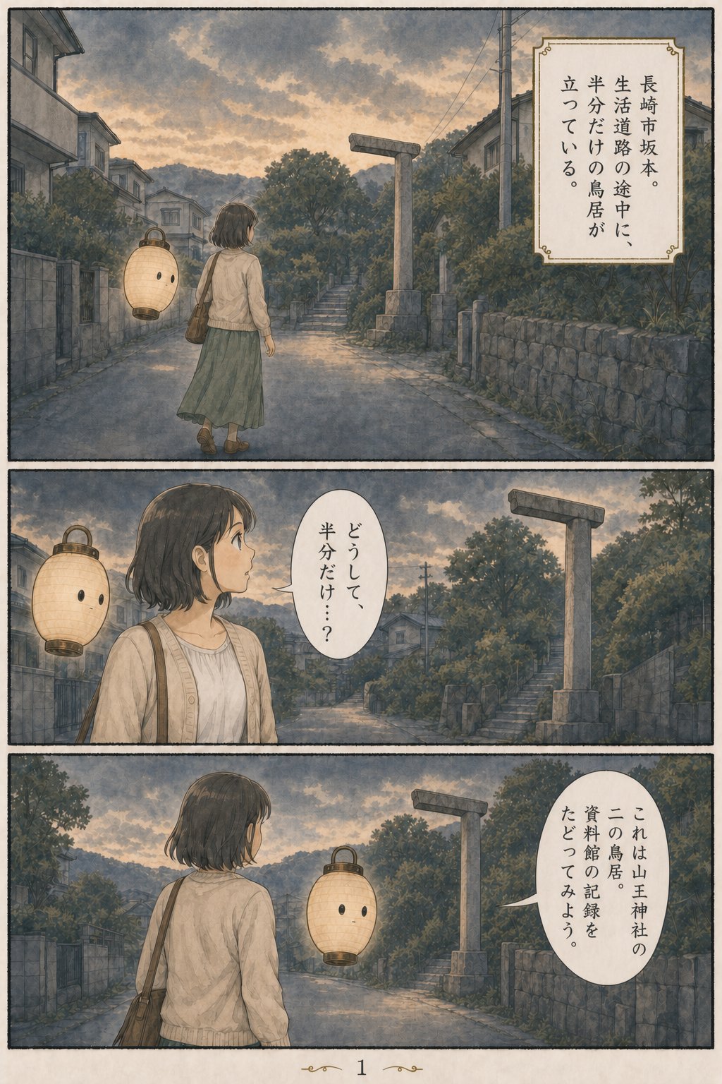 半分だけの鳥居が、80年あまり立ち続けている — 長崎・山王神社の一本柱鳥居 まんが解説 1ページ目