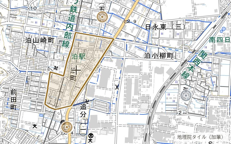 泊町の町域と周辺の痕跡を示す地図