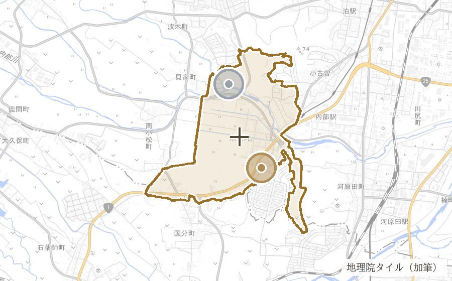 釆女町の町域と周辺の痕跡を示す地図
