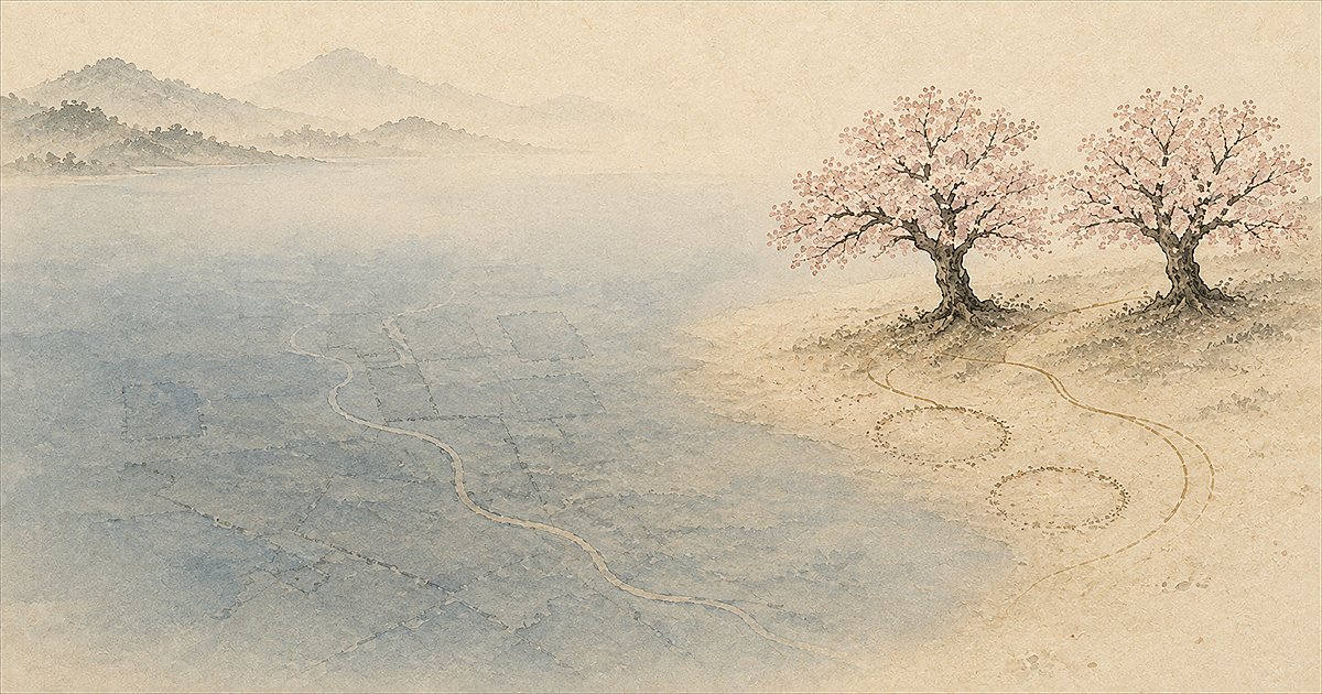 旧荘川村の水没集落(御母衣ダム湖底・荘川桜)の象徴図(イラスト)