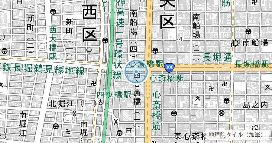 長堀川跡(長堀通)の位置を示す地図