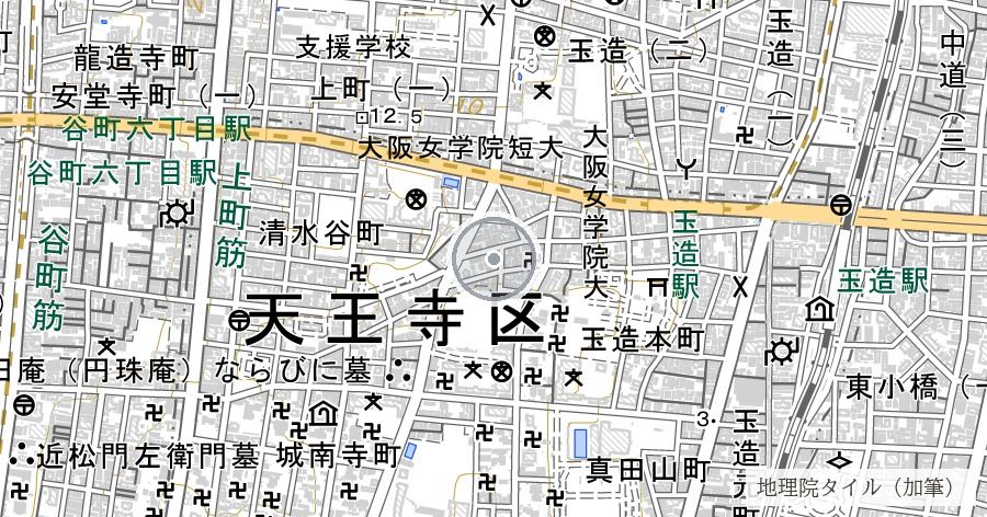 真田丸出丸跡（天王寺区餌差町周辺）の位置を示す地図