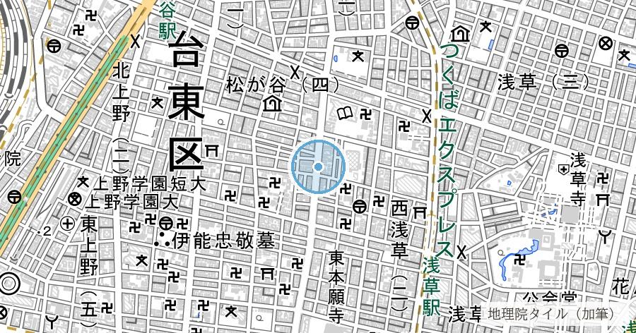 新堀川跡と合羽橋(かっぱ橋の地名由来)の位置を示す地図