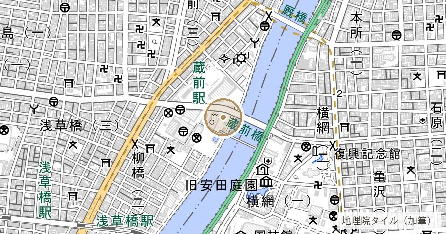 浅草御蔵跡(「蔵前」の地名由来)の位置を示す地図