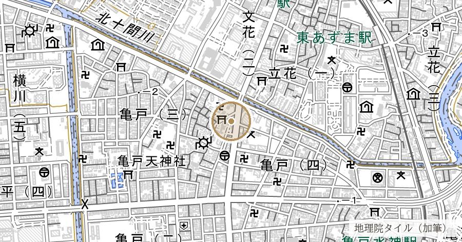 「亀戸」の地名由来（亀ノ島と亀ヶ井）の位置を示す地図