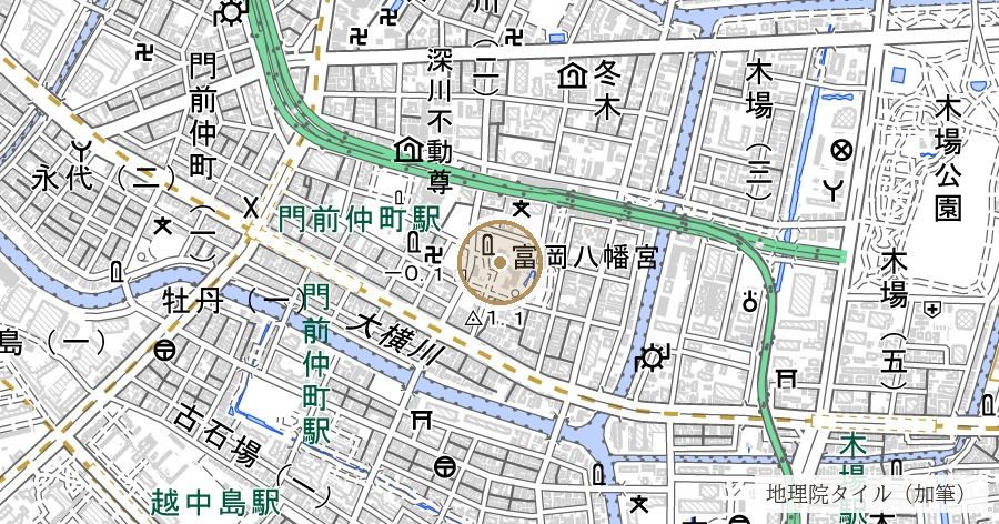 富岡八幡宮と永代島(深川埋立の起点)の位置を示す地図