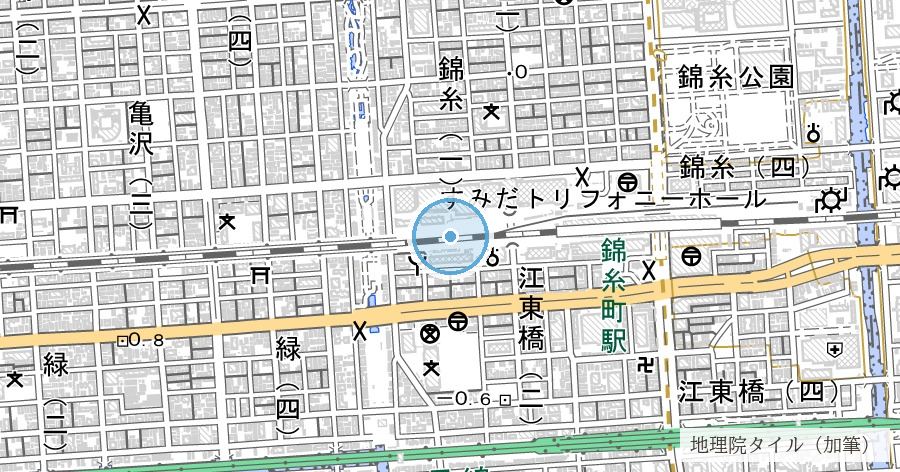 「錦糸町」の地名由来(消えた錦糸堀)の位置を示す地図