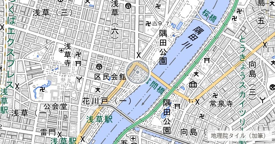 言問橋と東京大空襲の位置を示す地図