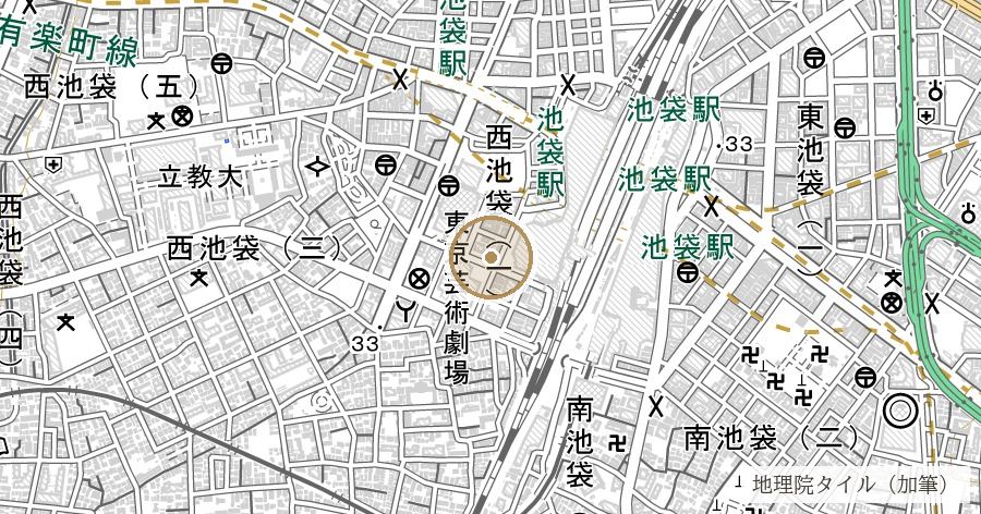 「池袋」地名の由来(丸池・元池袋史跡公園)の位置を示す地図