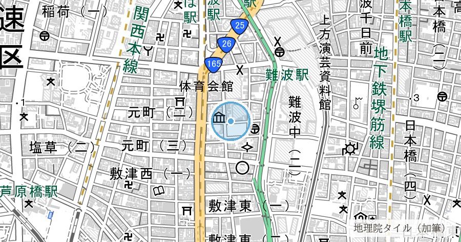 いたち川跡（くり舟発掘の碑・浪速区）の位置を示す地図