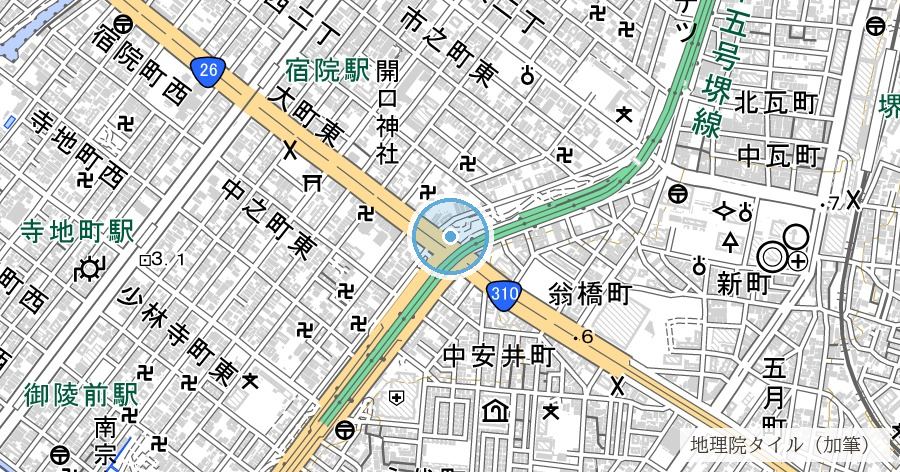 堺環濠都市の濠跡（土居川・内川）の位置を示す地図