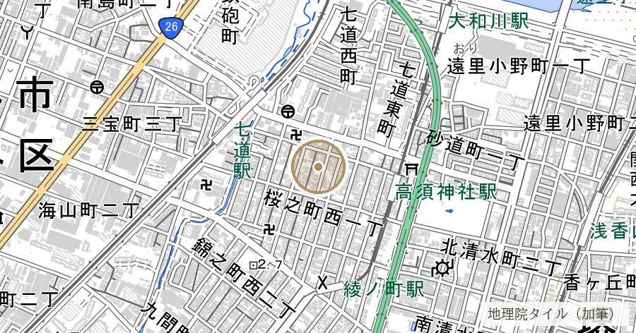鉄炮鍛冶屋敷と「鉄砲町」（鉄砲鍛冶の町の痕跡）の位置を示す地図