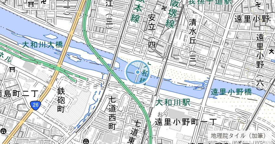 大和川の付け替え(宝永元年)と大和橋の位置を示す地図