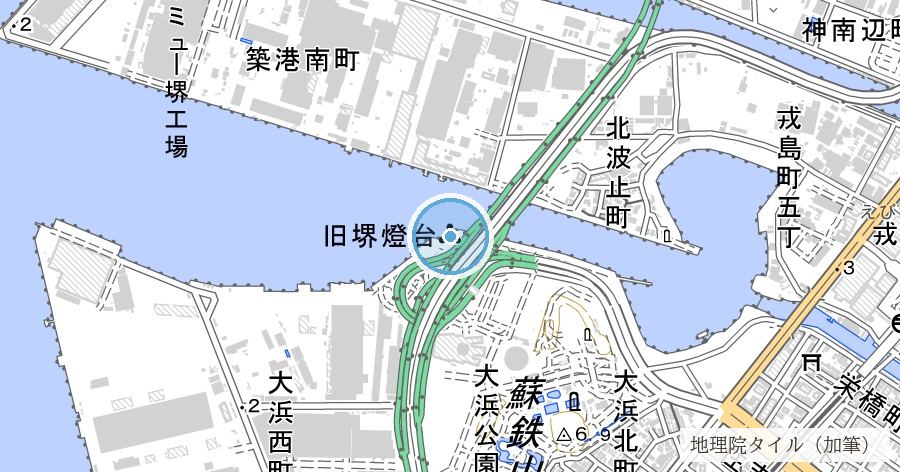 旧堺燈台（堺旧港・現地保存の木造洋式燈台）の位置を示す地図