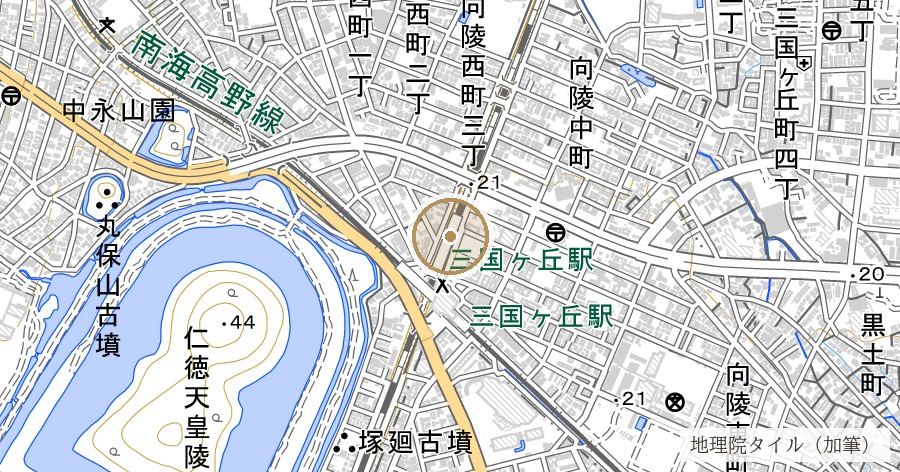 「三国ヶ丘」と三国の境(市名「堺」の由来)の位置を示す地図