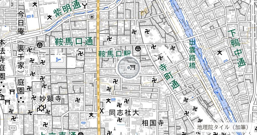 応仁の乱 勃発地（御霊神社・御霊合戦の旧跡）の位置を示す地図