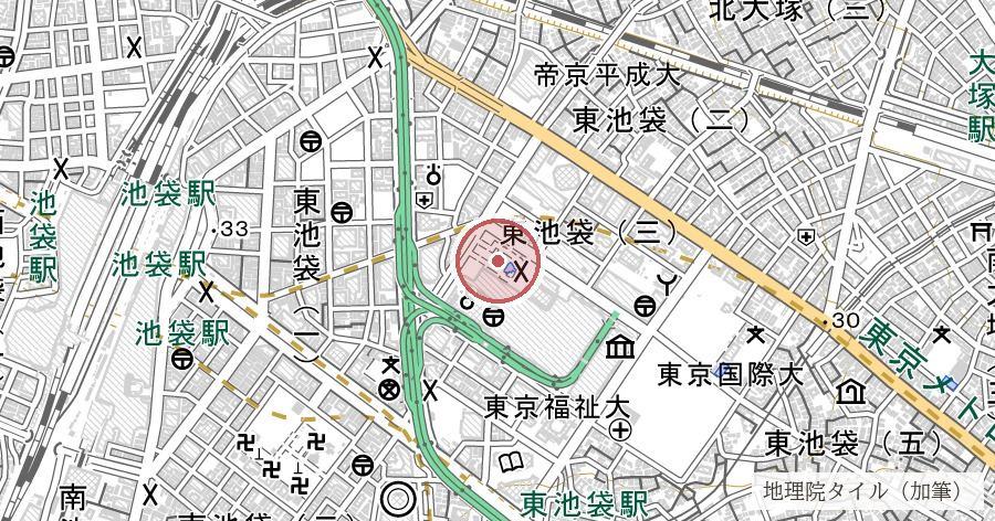 巣鴨プリズン跡(東池袋中央公園)の位置を示す地図