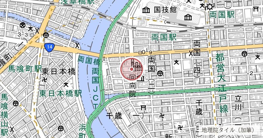 回向院（両国・万人塚に始まる寺）の位置を示す地図