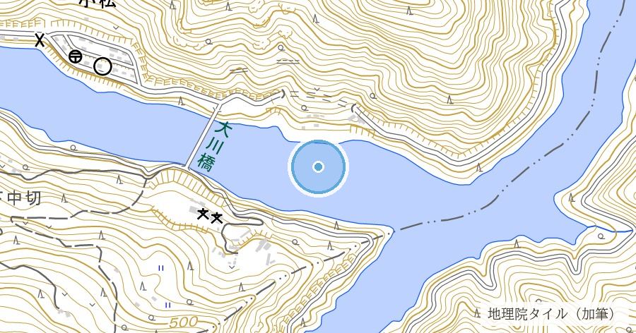 旧大川村中心部の水没集落（早明浦ダム・さめうら湖底）の位置を示す地図