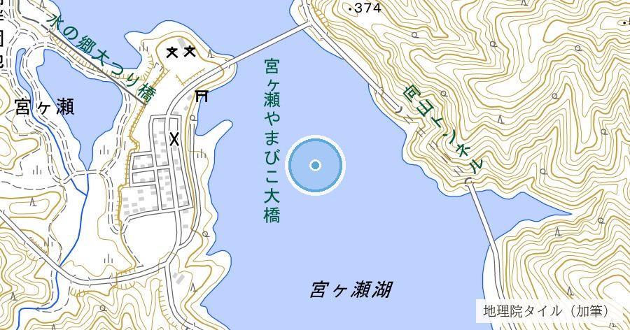 宮ヶ瀬集落の水没地(宮ヶ瀬ダム・宮ヶ瀬湖底)の位置を示す地図