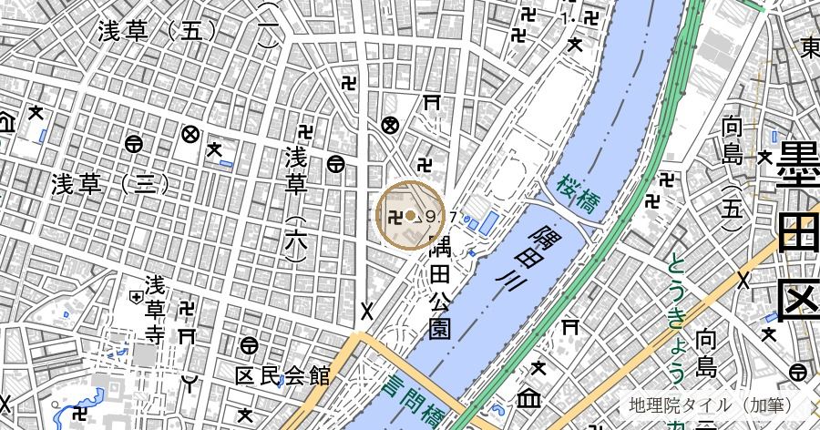待乳山(浅草の下町平地に残る天然の微高地と待乳山聖天)の位置を示す地図