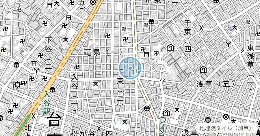 千束池(姫ヶ池)跡と「千束」の地名の位置を示す地図
