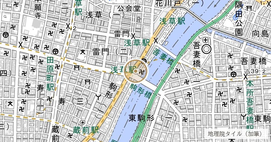 駒形堂（浅草観音示現の地と「駒形」の地名由来）の位置を示す地図