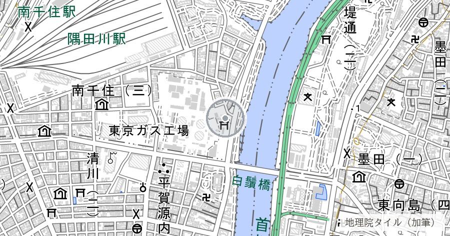 石浜城跡(武蔵千葉氏の拠点・石浜神社付近)の位置を示す地図