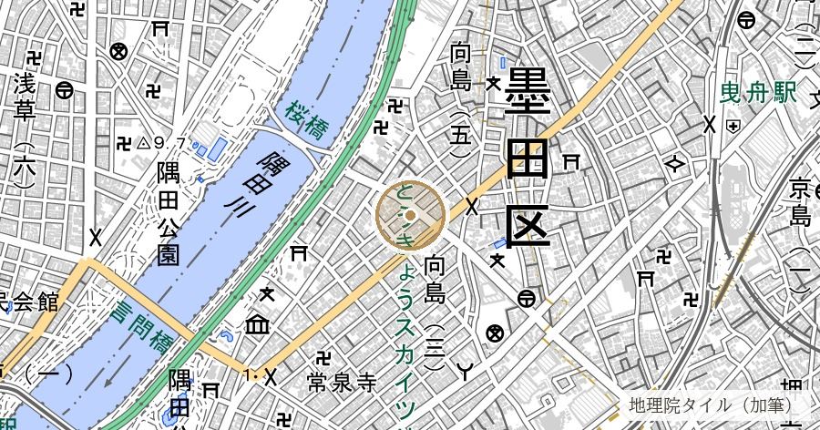 「向島」の地名由来(川向こうの「島」だった土地)の位置を示す地図