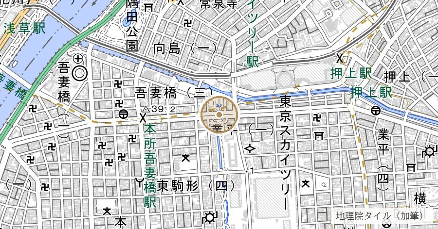 「業平」の地名と在原業平の東下り伝承(業平橋)の位置を示す地図