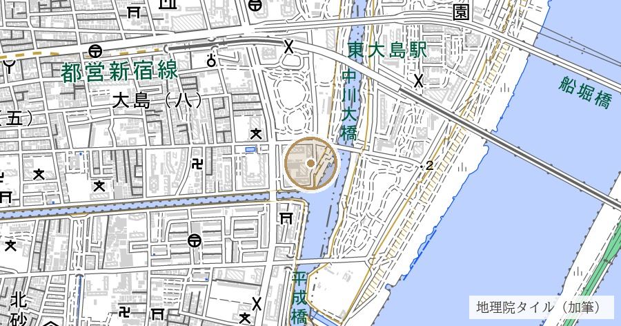 中川船番所跡(小名木川の東端にあった川の関所)の位置を示す地図