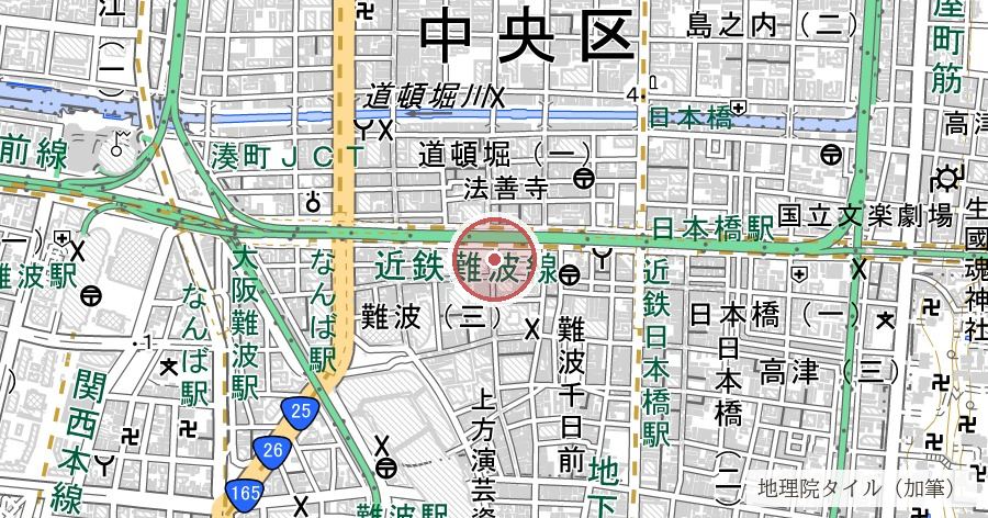 千日デパート火災の地の位置を示す地図