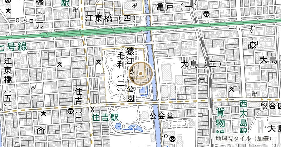 猿江貯木場跡（猿江恩賜公園）と「猿江」の地名の位置を示す地図