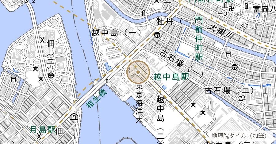 「越中島」の地名由来(榊原越中守の別邸があった寄洲)の位置を示す地図