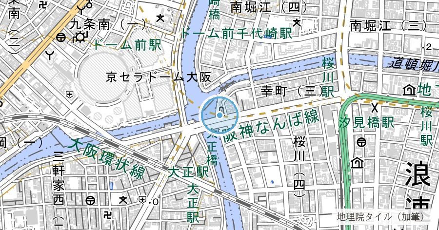 大地震両川口津浪記石碑（大正橋東詰）の位置を示す地図