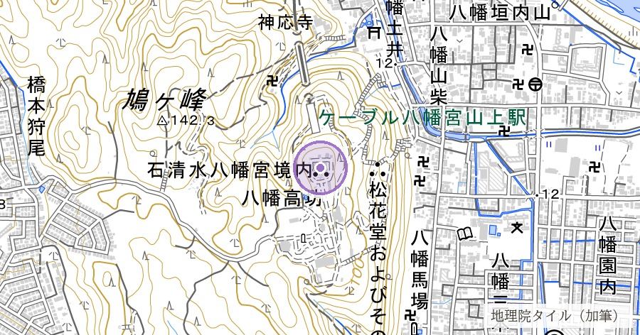 石清水八幡宮(平安京の裏鬼門を守る社と伝わる)の位置を示す地図