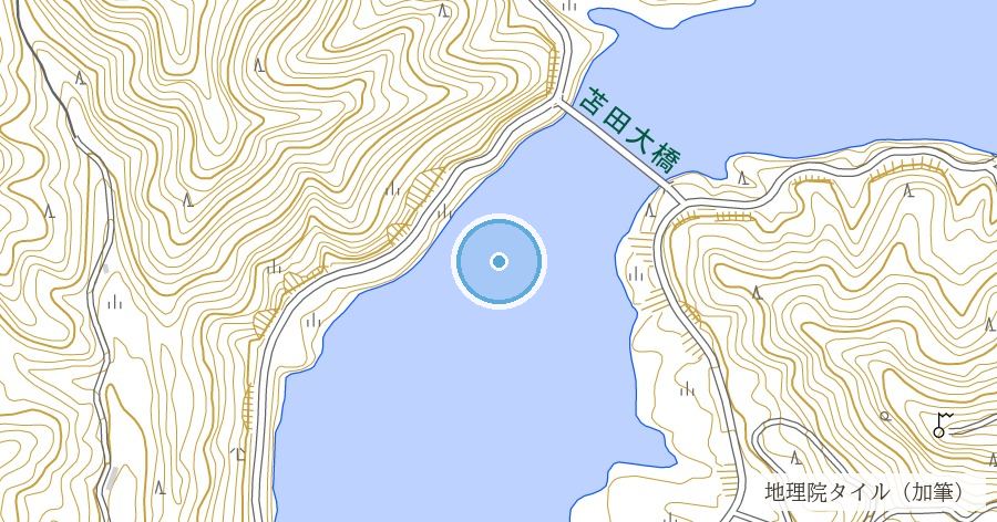 旧奥津町苫田地区の水没集落(苫田ダム・奥津湖底)の位置を示す地図
