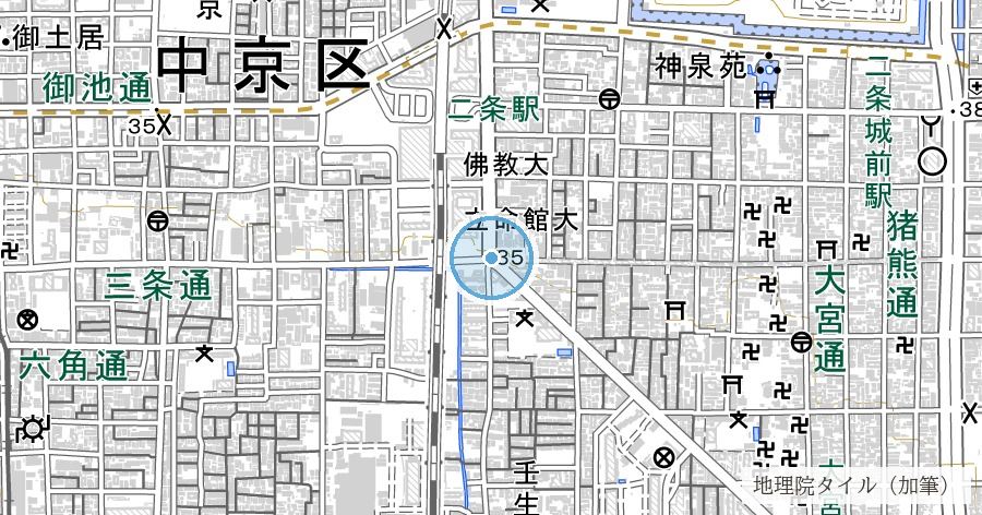 西高瀬川（文久3年開削の木材運河・千本三条の材木町）の位置を示す地図