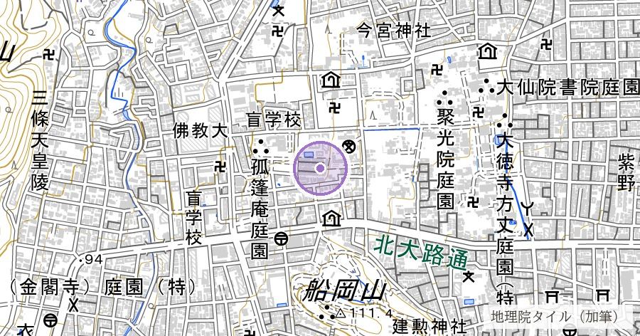 船岡山(平安京の北の基点と伝わる玄武の小山)の位置を示す地図