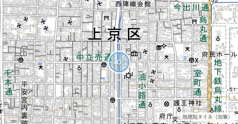 堀川（平安京造営時の運河・涸れ川からの再生）の位置を示す地図