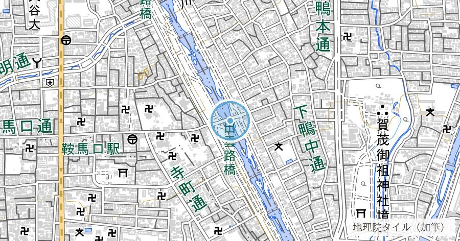 鴨川（賀茂川）の氾濫史（出雲路橋周辺・昭和10年大水害）の位置を示す地図