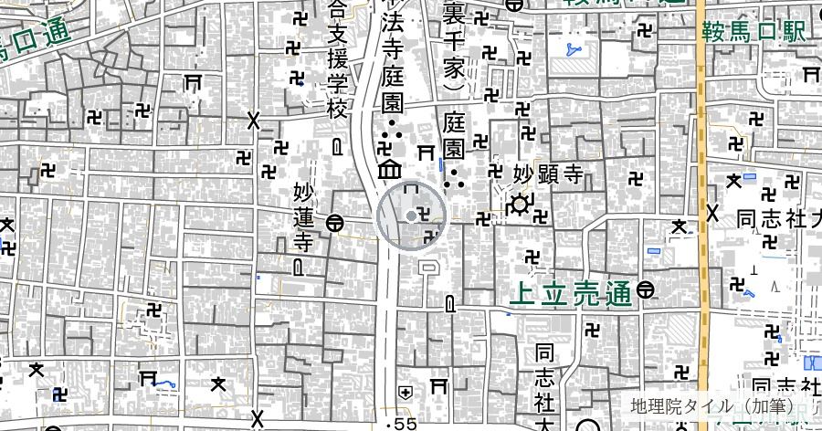 百々橋の礎石（応仁の乱で東西両軍が争った橋の跡）の位置を示す地図