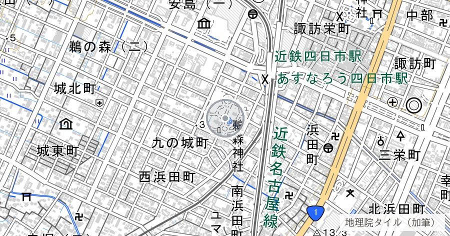 四日市空襲の中心被災地と殉難碑(鵜の森公園)の位置を示す地図