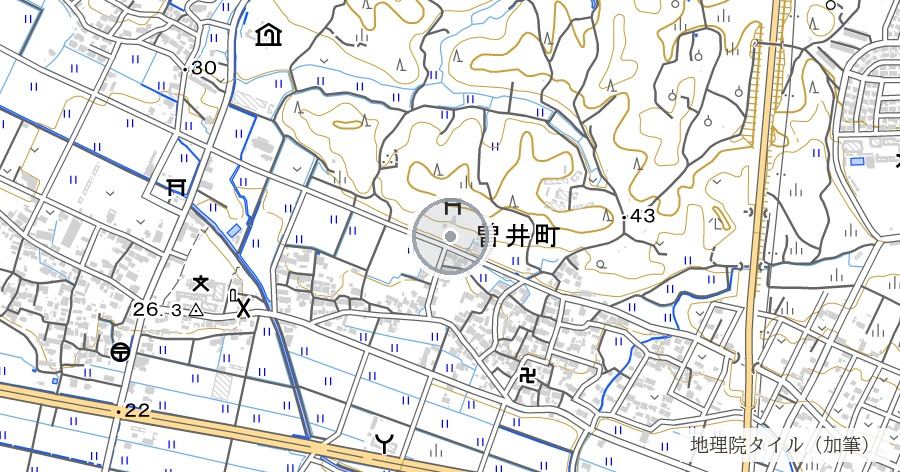 曽井城跡(保曽井神社裏手の丘)の位置を示す地図