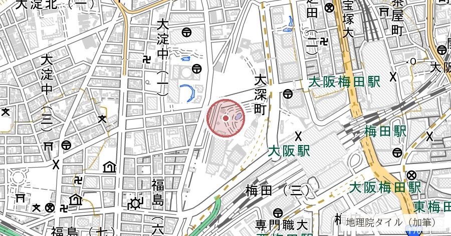 梅田墓所跡（うめきた）の位置を示す地図