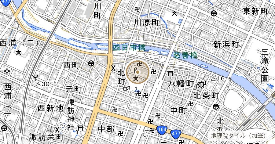 「四日市」の地名由来(四のつく日の定期市)の位置を示す地図