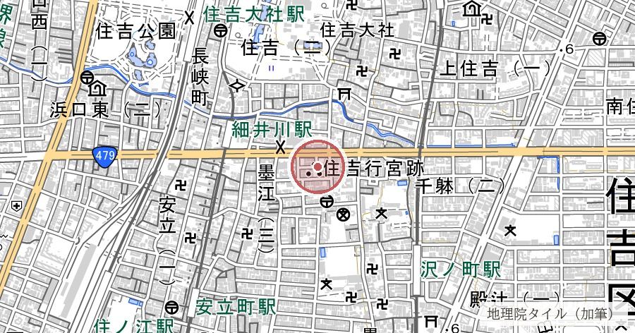 住吉行宮跡（正印殿跡・後村上天皇崩御の地）の位置を示す地図