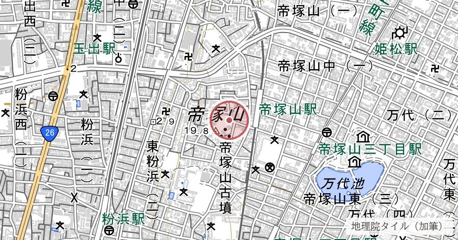 帝塚山古墳(住宅街に残る前方後円墳)の位置を示す地図